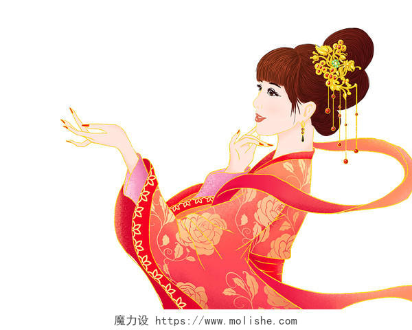 红色手绘国潮古风中国风古装女孩美女人物元素PNG素材